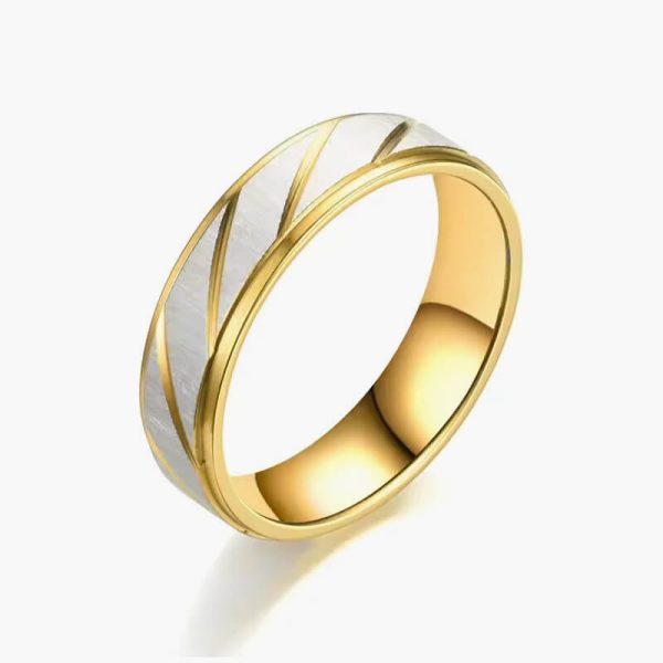 Fashion Gold Stripes Couple Rings 6mm 4mm Stainless Steel Contrast Color Jewelry Valentine’s Day Gifts