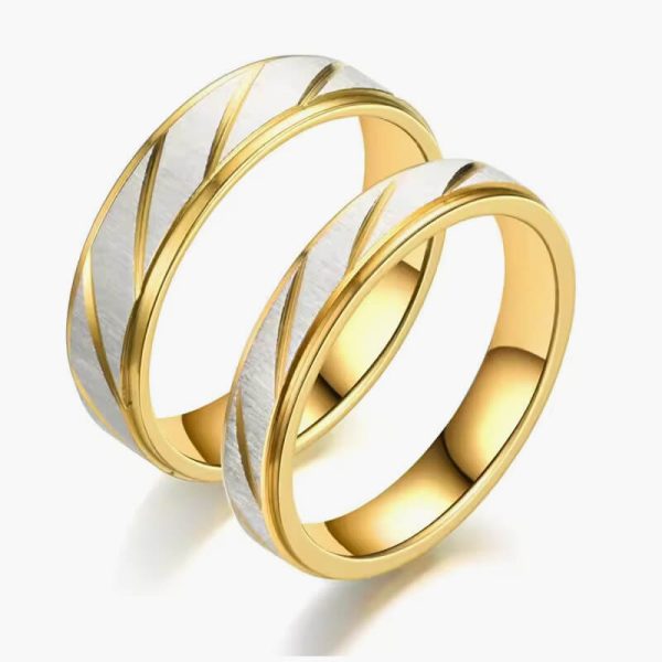 Fashion Gold Stripes Couple Rings 6mm 4mm Stainless Steel Contrast Color Jewelry Valentine's Day Gifts - Image 2