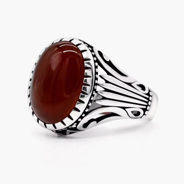 Natural Agate Ring for Men 925 Sterling Silver with Big Red Stone Vintage Rings Hollow Design for Male Women Thai Silver Jewelry