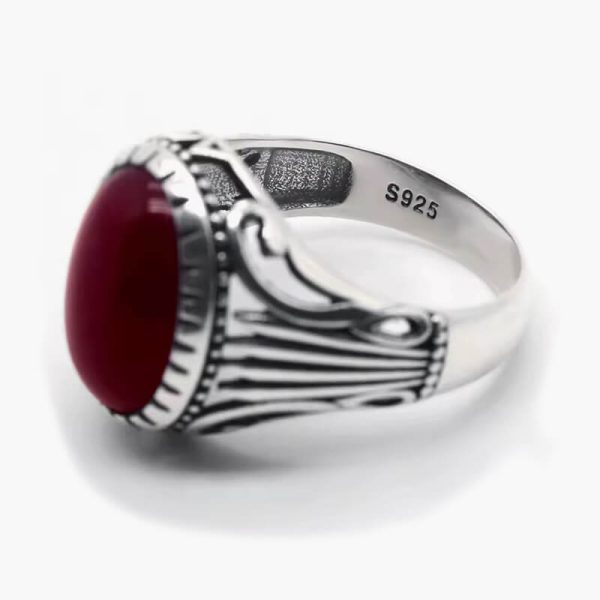Natural Agate Ring for Men 925 Sterling Silver with Big Red Stone Vintage Rings Hollow Design for Male Women Thai Silver Jewelry - Image 2