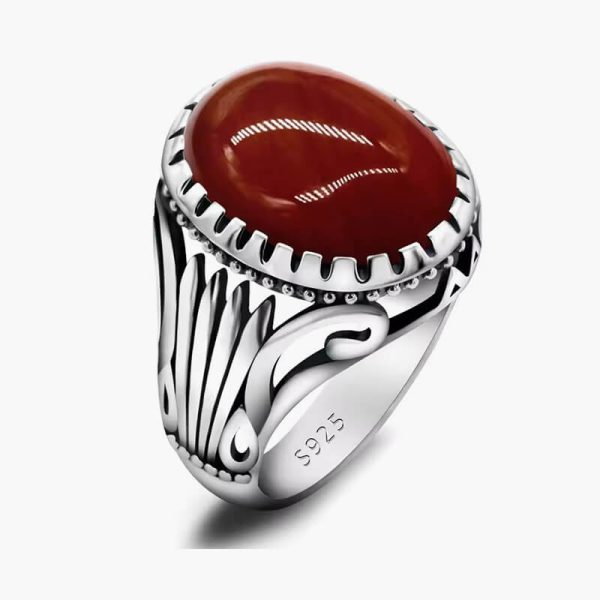 Natural Agate Ring for Men 925 Sterling Silver with Big Red Stone Vintage Rings Hollow Design for Male Women Thai Silver Jewelry - Image 3