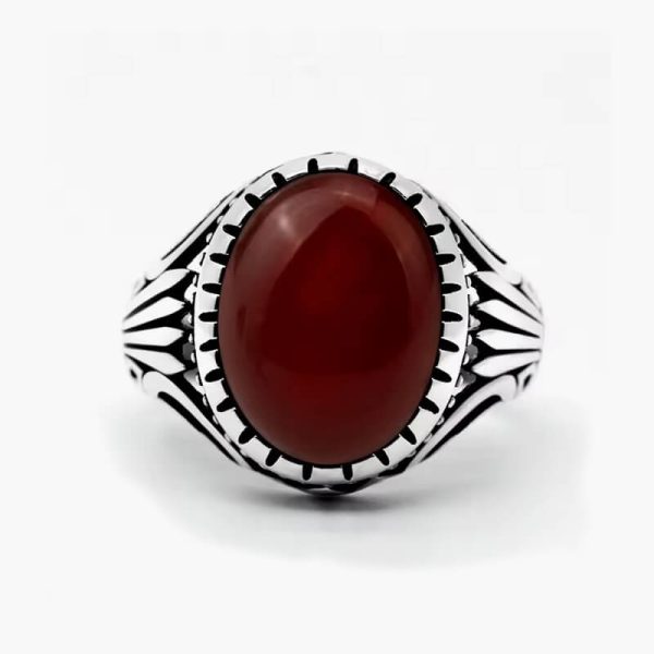 Natural Agate Ring for Men 925 Sterling Silver with Big Red Stone Vintage Rings Hollow Design for Male Women Thai Silver Jewelry - Image 4