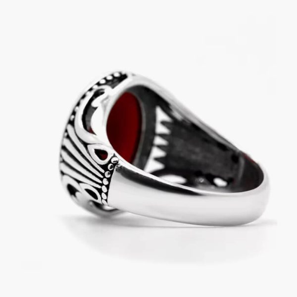 Natural Agate Ring for Men 925 Sterling Silver with Big Red Stone Vintage Rings Hollow Design for Male Women Thai Silver Jewelry - Image 5